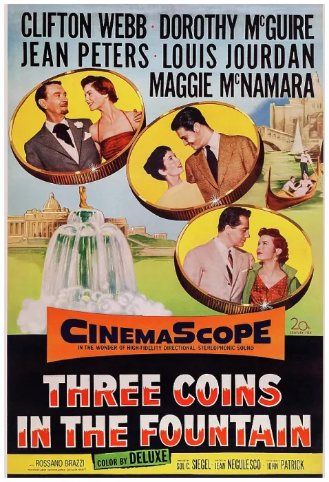 Framed Print : THREE COINS IN THE FOUNTAIN, US poster art, from top left: Clifton Webb, Dorothy McGuire, Maggie McNamara, Louis Jourdan, Rossano Brazzi, Jean Peters, 1954