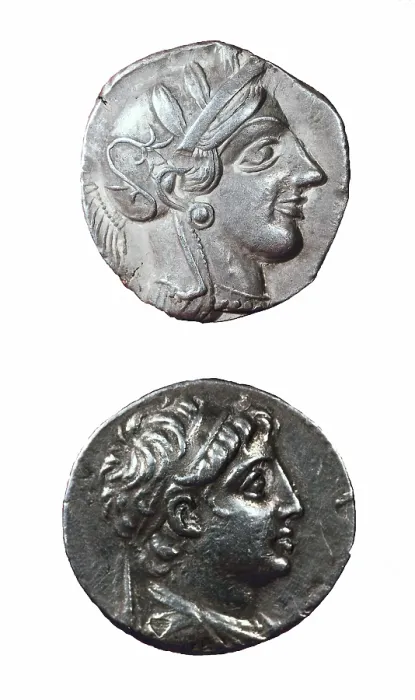Framed Print : Coins from Palestine: representation of Athena (5th c BC, upper) and Perseus, king of Macedonia (3rd-2nd c. BC). Coin. SPAIN. Monistrol de Montserrat. Museum of Montserrat Framed Print : Coins from Palestine: representation of Athena (5th c BC, upper) and Perseus, king of Macedonia (3rd-2nd c. BC). Coin. SPAIN. Monistrol de Montserrat. Museum of Montserrat