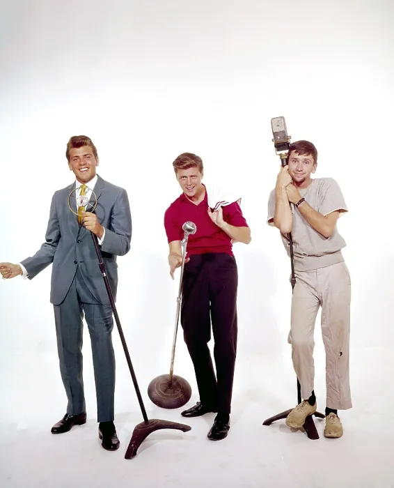 Framed Print : COKE TIME, from left: Fabian (aka Fabian Forte), Edd Kookie Byrnes, and Bob Denver, promoting COKE TIME. All except Fabian appeared on the show, which aired June 27, 1960