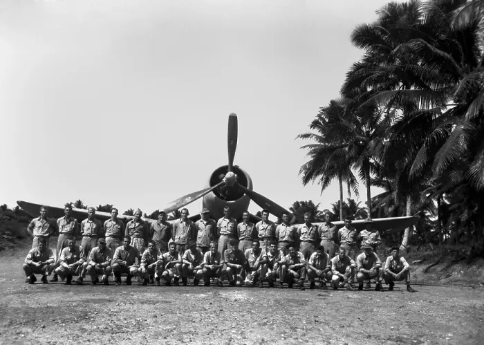 Framed Print : Col. Gregory Boyington's Black Sheep Squadron on Espiritu Santo, New Hebrides. The Squadron poses for a group picture before leaving for Munda, New Georgia Island. Ca. Sept