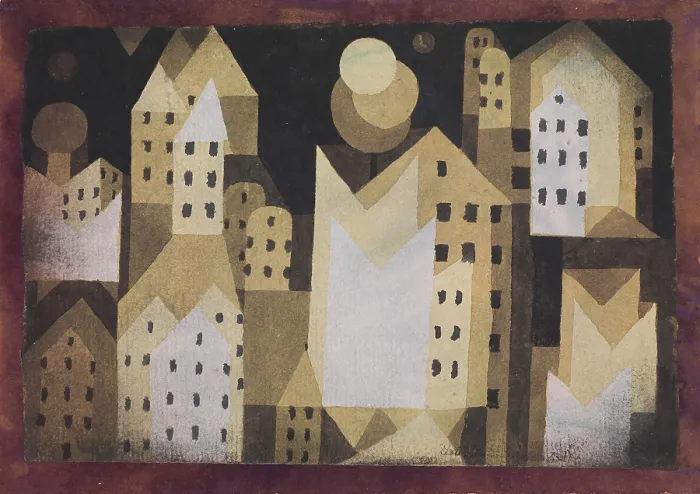 Framed Print : COLD CITY, by Paul Klee, 1921, Swiss drawing, watercolor on paper. Multi-toned simply rendered brown buildings, are surrounded by a frame of maroon color (BSLOC_2017_7_37)
