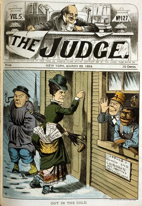Framed Print : Out in the cold. Illustration of a woman and an immigrant Chinese man denied the right to vote; an Irish man and an African American man mock them from the polling place