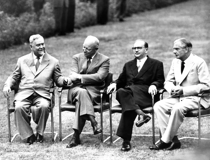Framed Print : Cold War summit meeting of the Big Four in Geneva, Switzerland. L-R: Soviet Premier Nikolai Bulganin; Pres