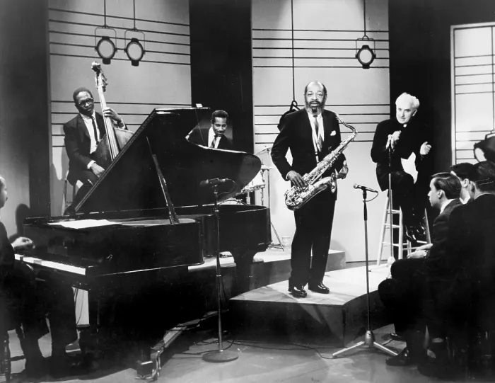 Framed Print : Coleman Hawkins (1904-1969), jazz musician with his tenor saxophone, performing with Coleman Hawkins Quartet in 1965