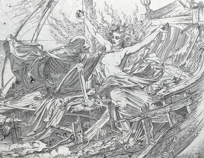 Framed Print : COLERIDGE, Samuel Taylor (1772-1834); Dore, Paul Gustave (1832-1883). The Rime of the Ancient Mariner. 1877. Scene of death and the lady. Litography. - J