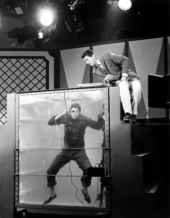 Framed Print : THE COLGATE COMEDY HOUR, from left: Jerry Lewis, Dean Martin, in The $64 Million Dollar Question sketch, a parody of the hit TV show THE $64, 000 QUESTION, (Season 6, episode 1)
