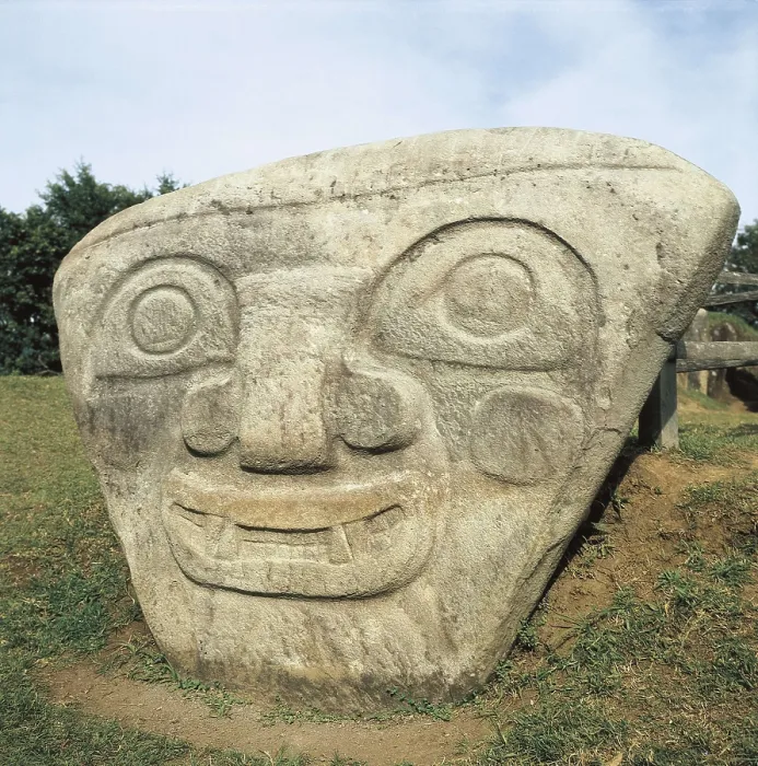 Framed Print : COLOMBIA. HUILA. San Agustn. Alto de los Idolos. Mask of a solar deity, of the Pre-Columbian culture of San Agustn (6th c. BC). Pre-Columbian art. Sculpture Framed Print : COLOMBIA. HUILA. San Agustn. Alto de los Idolos. Mask of a solar deity, of the Pre-Columbian culture of San Agustn (6th c. BC). Pre-Columbian art. Sculpture