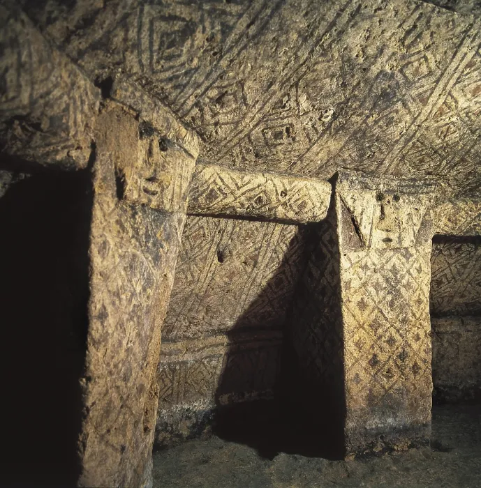 Framed Print : COLOMBIA. Inza. Archaeological park of Tierradentro. Loma de Segovia. Hypogeum decorated with geometric forms, 6th-10th c. Formation period of Tierradentro Culture. Maya art