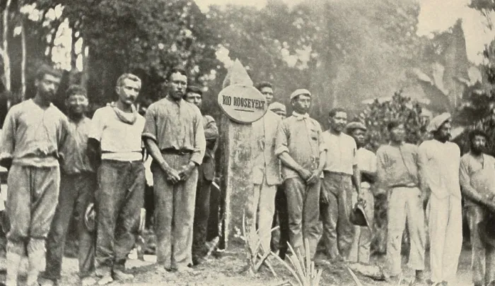 Framed Print : Colonel Rondon, third from left, and expedition partners at a monument to Rio Roosevelt. April 1914