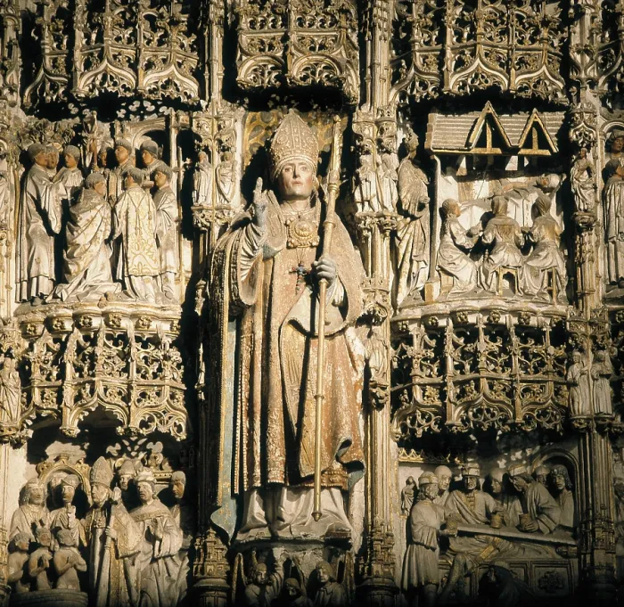 Framed Print : COLONIA, Francisco de ( -1542). SPAIN. Burgos. Church of Saint Nicholas of Bari. Altarpiece of Francisco de Colonia (? -1542) in limestone, ca.1505. Renaissance art. ; Gothic art