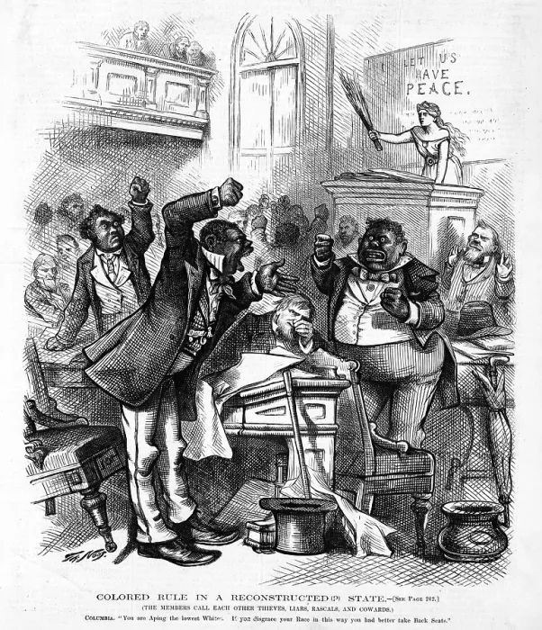 Framed Print : Colored rule in a reconstructed state. Cartoon showing members of the South Caroline Legislature in argument in the House, with Columbia rebuking them. Thomas Nast, artist