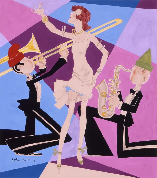 Framed Print : Colorful 1927 John Held drawing of a jazz singing flapper flanked by trombone and saxophone players (BSLOC_2020_2_27)