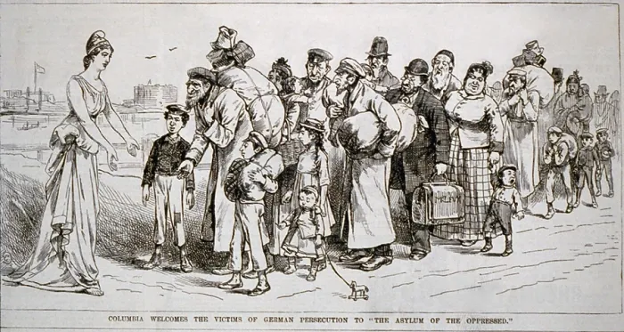 Framed Print : Columbia welcomes the Jewish victims of German persecution to the asylum of the oppressed. 1881 political cartoon