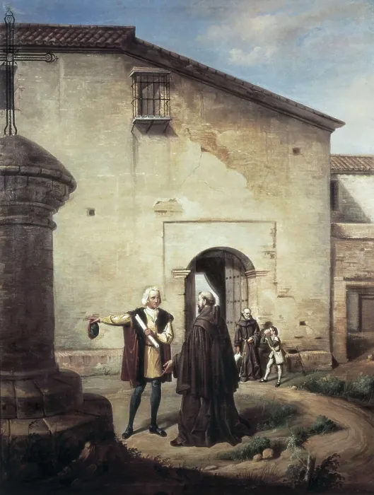 Framed Print : Columbus arrives to the Monastery of La Rbida with his son Diego in 1485. Oil on canvas. SPAIN. Palos de la Frontera. La Rbida Monastery.. AISA / Everett Collection**US SALES ONLY**