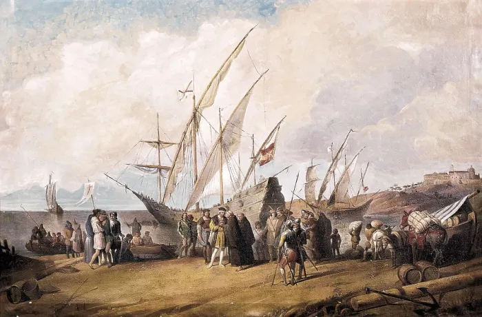 Framed Print : COLUMBUS, ChrIstopher (1451-1506). Departure fron the harbour of Palos (3rd August, 1492). Anonymous. Oil on canvas. SPAIN. ANDALUSIA. HUELVA. Palos de la Frontera Framed Print : COLUMBUS, ChrIstopher (1451-1506). Departure fron the harbour of Palos (3rd August, 1492). Anonymous. Oil on canvas. SPAIN. ANDALUSIA. HUELVA. Palos de la Frontera