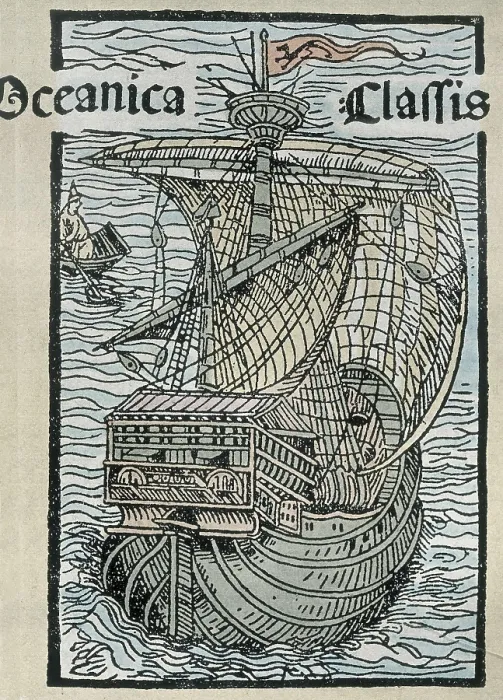 Framed Print : COLUMBUS, ChrIstopher (1451-1506). Caravel Pinta. Engraving from the first Roman edition of Columbus chart (1493). Engraving. SPAIN. Madrid. National Library Framed Print : COLUMBUS, ChrIstopher (1451-1506). Caravel Pinta. Engraving from the first Roman edition of Columbus chart (1493). Engraving. SPAIN. Madrid. National Library
