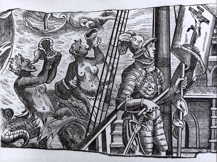 Framed Print : COLUMBUS, ChrIstopher (1451-1506). Christopher Columbus First Voyage to America (1492). Columbus on the deck of the Santa Mara together with a triton and a mermaid