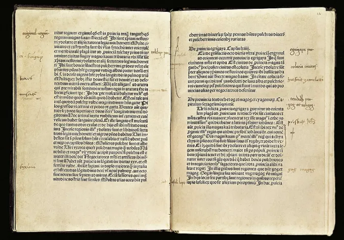 Framed Print : COLUMBUS, ChrIstopher (1451-1506); Polo, Marco (1254-1324). Pages 23r and 24v from the 'Travels of Marco Polo' with notes of Christopher Columbus. SPAIN. Sevilla