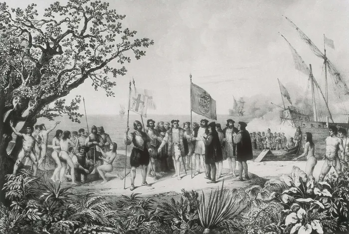 Framed Print : Columbus's arrival in the Americas. Illuystration published in 'Maritime Episodes' by Ramon Aun y Villaln (1913). Engraving. SPAIN. Madrid. National Library