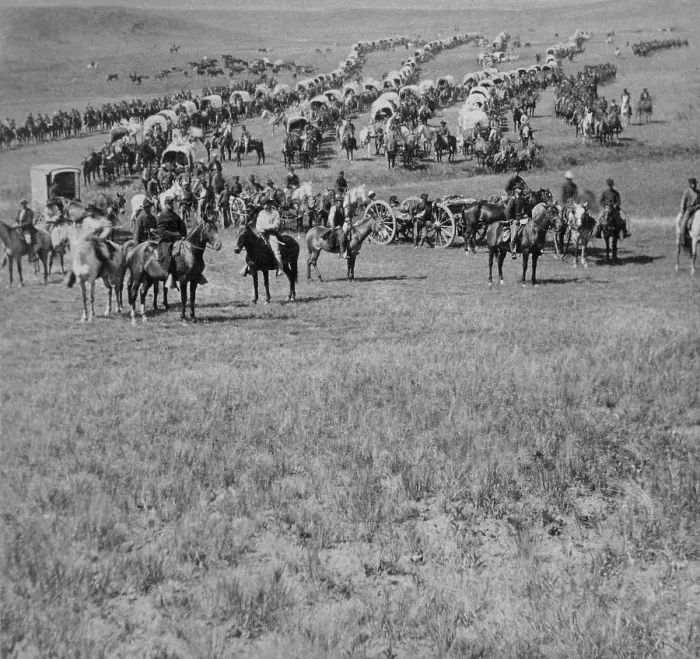 Framed Print : A column of cavalry, artillery, and wagons, commanded by Gen. George A. Custer, crosses the plains of Dakota Territory, during the 1874 Black Hills Expedition