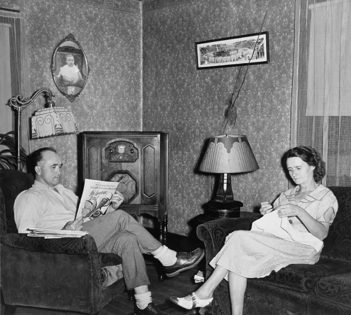 Framed Print : The comfortable living room of the home of a West Virginia coal miner and his wife, features a radio and electric lights, allowing for pleasant evenings in 1938