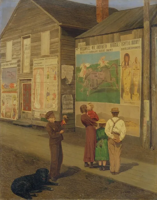Framed Print : COMING EVENTS CAST THEIR SHADOW BEFORE, by Charles Caleb Ward, 1871, Canadian painting, oil on wood. Several posters announce the coming of P. T