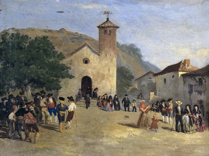 Framed Print : Coming out from a mass. Anonymous painting, 19th century. Costumbrism. Oil on canvas. SPAIN. Granada. Tiros House Museum. - P