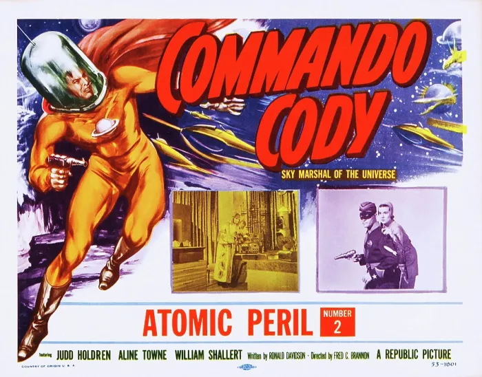 Framed Print : COMMANDO CODY, bottom right: Judd Holdren, Aline Towne in Chapter 2: Atomic Peril on title card, 1953