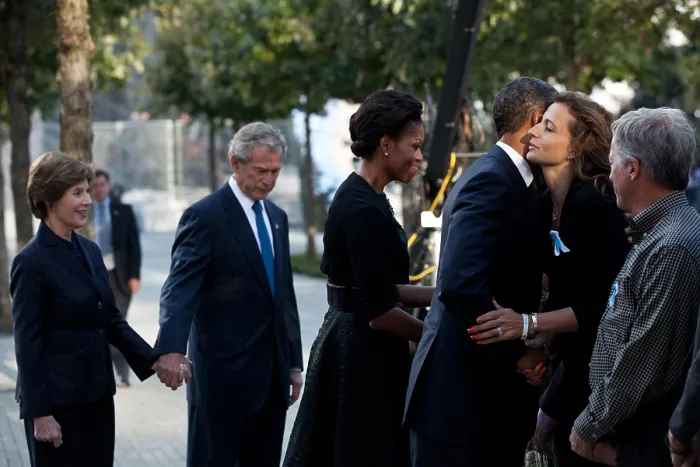Framed Print : Commemoration ceremony at the National September 11 Memorial in New York City. President Barack and Michelle Obama, with former President George W