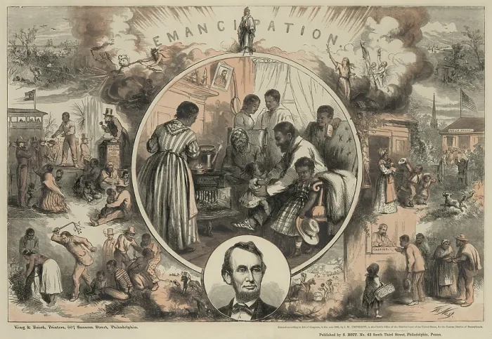 Framed Print : Commemoration of the emancipation of Southern slaves and the end of the Civil War, showing contrast between slavery and the life of freedmen. Print by Thomas Nast. 1865 Framed Print : Commemoration of the emancipation of Southern slaves and the end of the Civil War, showing contrast between slavery and the life of freedmen. Print by Thomas Nast. 1865