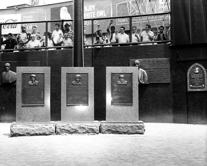 Framed Print : Commemorative plaques at Yankee Stadium, Edward Grant Barrow, Lou Gehrig, Miller James Huggins, Babe Ruth, Jacob Ruppert, and Pope Paul VI, New York, June 25, 1966