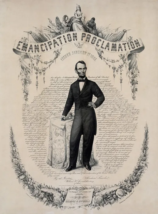 Framed Print : Commemorative print of Abraham Lincoln with the text of the Emancipation Proclamation of January 1, 1863. Print published in 1865