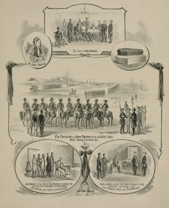Framed Print : Commemorative print depicting the trial and execution of militant abolitionist, John Brown in 1859