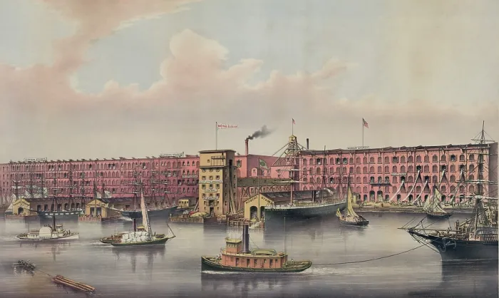 Framed Print : Commercial ship traffic in front of the E.B. Bartlett & Company warehouse in Red Hook, Brooklyn, New York. 1880