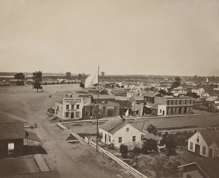 Framed Print : Commercial street in Cairo, Illinois, with Union military barracks in the distance, 1861