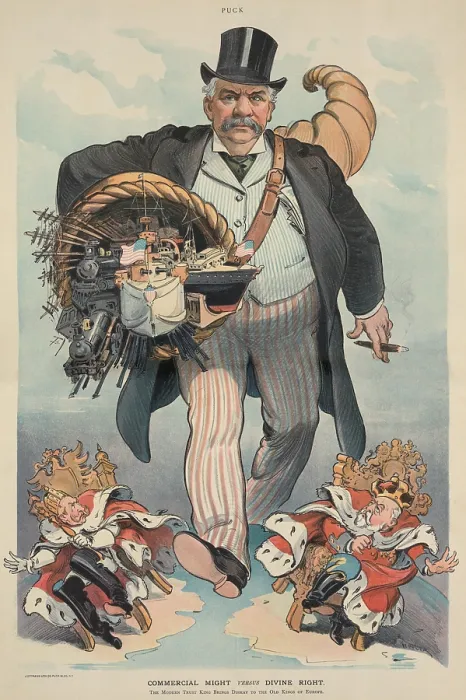 Framed Print : COMMERCIAL MIGHT VERSES DIVINE RIGHT 1902 cartoon depicts J.P