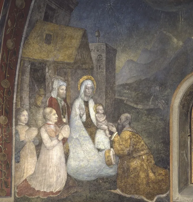 Framed Print : Committents as Magi adoring the Child, by Unknown Artist, 15th Century, fresco - Italy, Lombardy, Como, Bishop Palace. Detail Framed Print : Committents as Magi adoring the Child, by Unknown Artist, 15th Century, fresco - Italy, Lombardy, Como, Bishop Palace. Detail