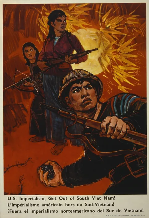 Framed Print : Communist China Poster reads, U.S. imperialism, get out of South Viet Nam! Ca. 1970. Poster depicts men and women soldiers of North Vietnam in heroic poses in a jungle