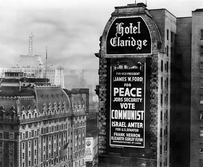 Framed Print : US Communist election campaign sign on the wall of the Claridge Hotel in Times Square. After protests, the Hotel began painting over the 30 by 60 foot sign Framed Print : US Communist election campaign sign on the wall of the Claridge Hotel in Times Square. After protests, the Hotel began painting over the 30 by 60 foot sign