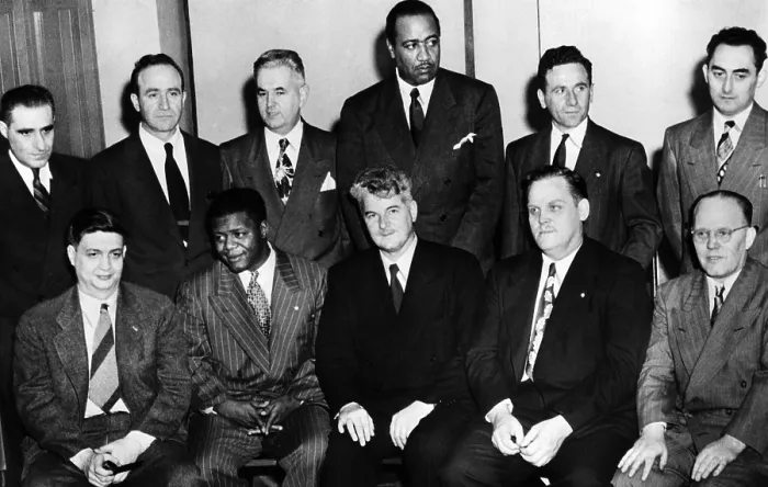 Framed Print : Communist Leaders who were on trial in 1949. L-R: Front: Robert Thompson, Henry Winston, Eugene Dennis, Gus Hall, John Williamson