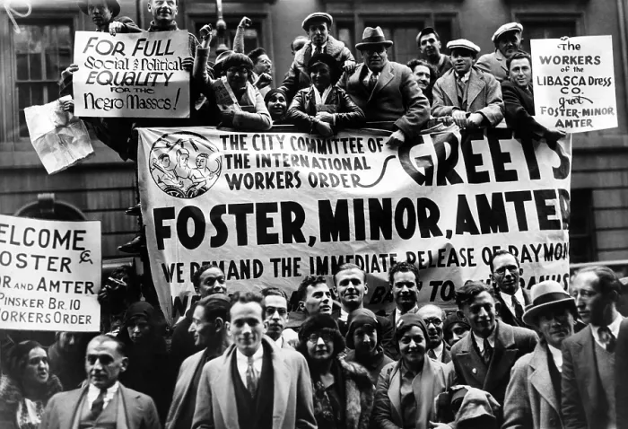 Framed Print : Communist mass meeting in New York City. A truck and individuals display signs welcoming leaders Israel Amter and William Poster after their release from jail