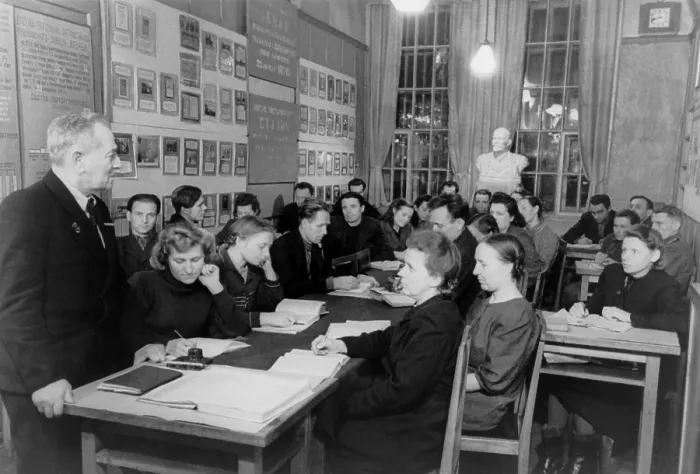 Framed Print : Communist Party evening class at a Moscow factory. The meeting room has a bust of Lenin. - (BSLOC_2014_15_252)
