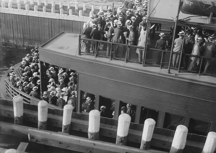 Framed Print : Commuters on a ferry entering a slip, 1915-20. Commuters used ferries from New Jersey, Brooklyn and Staten Island to travel to Manhattan (BSLOC_2016_10_181) Framed Print : Commuters on a ferry entering a slip, 1915-20. Commuters used ferries from New Jersey, Brooklyn and Staten Island to travel to Manhattan (BSLOC_2016_10_181)