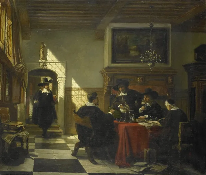 Framed Print : Company in 17th Garb at a Table with a Nautilus Cup, by Johannes Stroebel, 1873, Dutch painting, oil on canvas