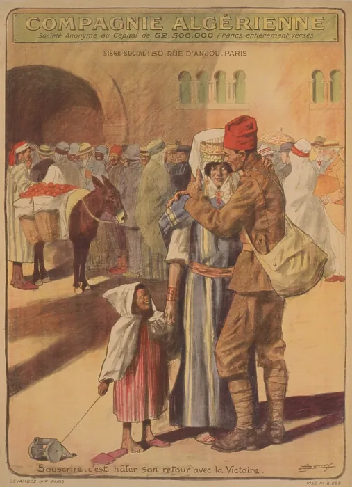 Framed Print : COMPANY ALGERIAN. TO SUBSCRIBE IS TO HASTEN HIS RETURN WITH VICTORY. French World War 1 fund raising poster addressed to the a French colony Algeria, 1918 (BSLOC_2017_1_62) Framed Print : COMPANY ALGERIAN. TO SUBSCRIBE IS TO HASTEN HIS RETURN WITH VICTORY. French World War 1 fund raising poster addressed to the a French colony Algeria, 1918 (BSLOC_2017_1_62)