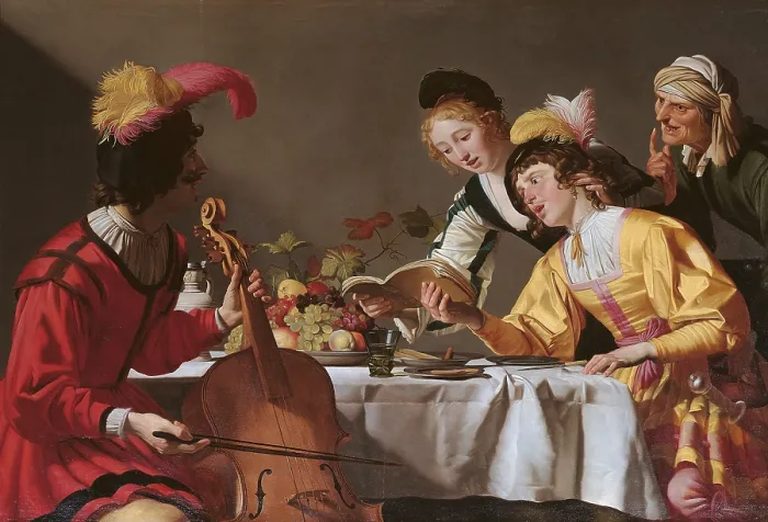 Framed Print : Concert, by Gerrit Van Honthorst known as Gherardo delle Notti, 1625, 17th Century, oil on canvas, cm 168 x 202 - Italy, Lazio, Rome, Borghese Gallery. All