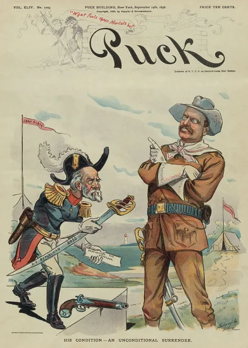 Framed Print : HIS CONDITION_AN UNCONDITIONAL SURRENDER, Sept. 14, 1898 cover of PUCK Magazine. Thomas C. Platt offers his sword labeled N.Y. Republican Boss to Theodore Roosevelt
