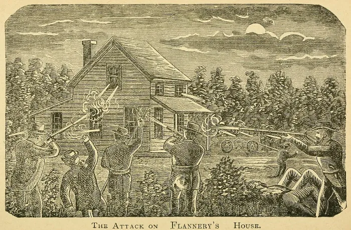 Framed Print : Confederate bushwhackers (guerillas), led by Charles Quantrell, in a two hour gunfight with Federal Jayhawkers surrounding the Flannery House in Jackson Country