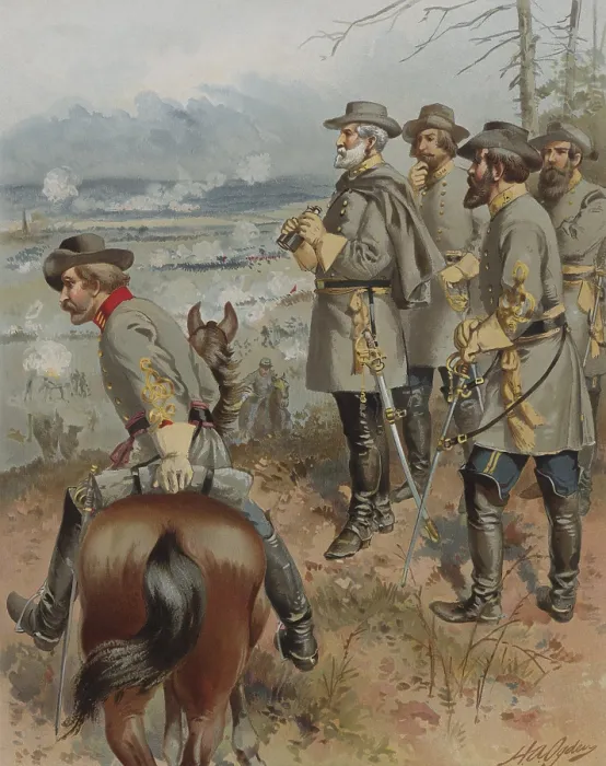 Framed Print : Confederate General Robert E. Lee standing on a ridge with other commanders, monitoring the US Civil War Battle at Fredericksburg, Virginia, 11-15 December 1862. J. E.B