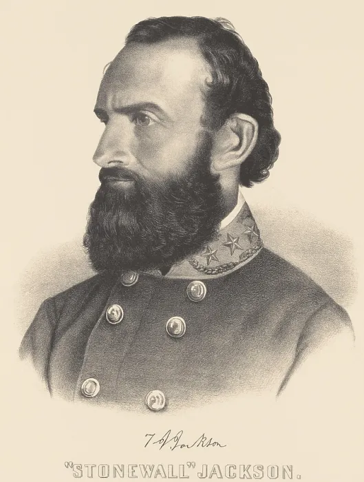 Framed Print : Confederate General Thomas Stonewall Jackson, by Currier & Ives. The lithographic portrait is based on Mathew Bradys photograph of 1860-1861 (BSLOC_2018_8_133)